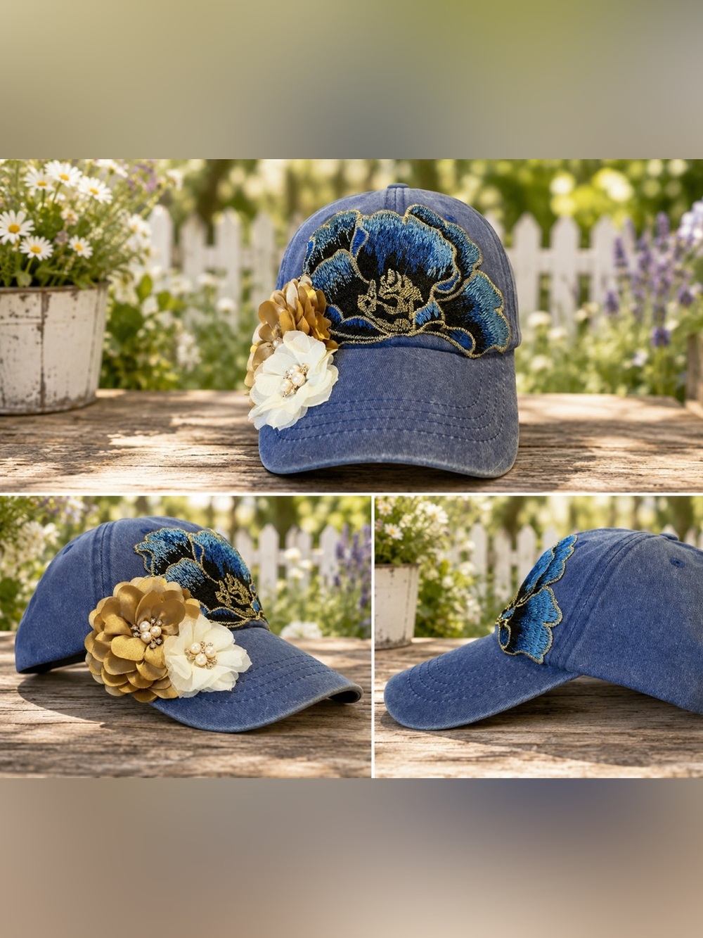 Hand Embellished Blue Floral Baseball Cap with Dimensional Flowers
